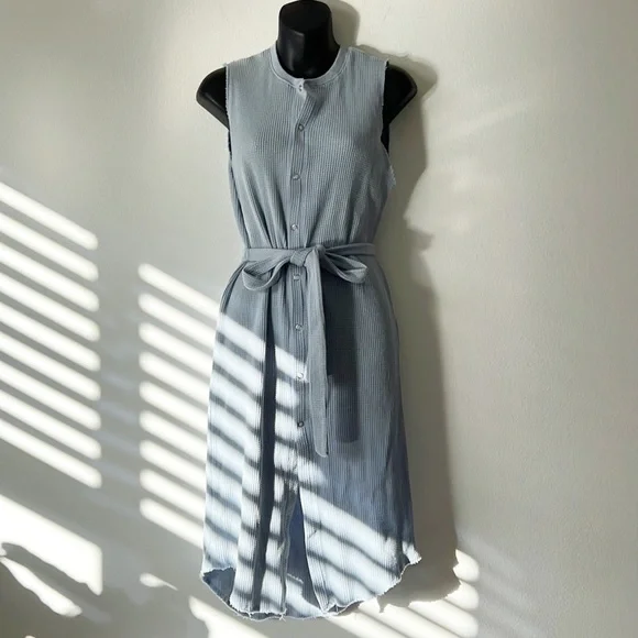 Zara light blue textured weave midi dress with button down front and waist Tie - Picture 14 of 14